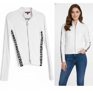 Guess los Angeles womens small full zip sweater white fitted ribbed stretch
